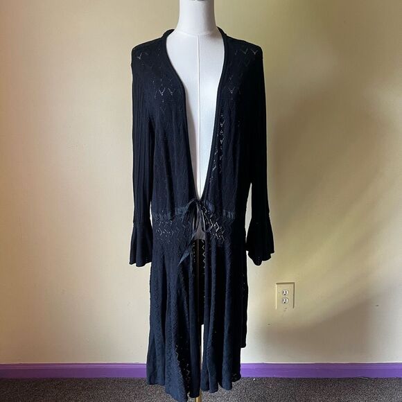 Vintage Y2K Silk Blend Cardigan Duster Black Pointelle Knit Bell Sleeves size 3X - Picture 1 of 10